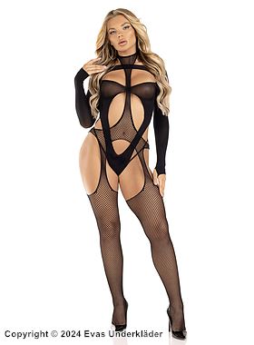 Sexy bodystocking, open back, long sleeves, fishnet